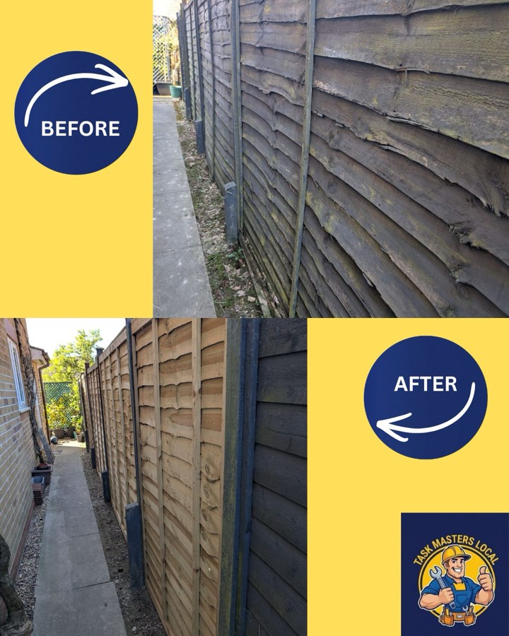Before and after: a rotten fence replaced with new panels