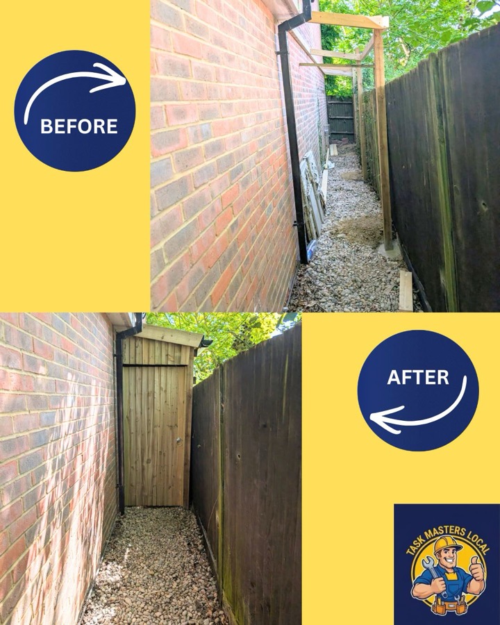 Storage shed built in a side passage