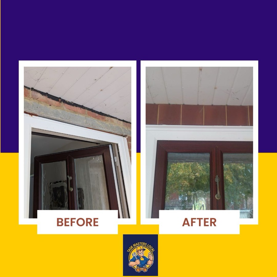 Tiling above a door before and after