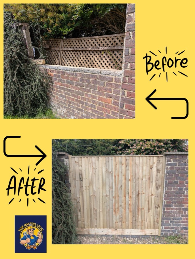 Old trellis on a garden wall replaced with a closeboard panel